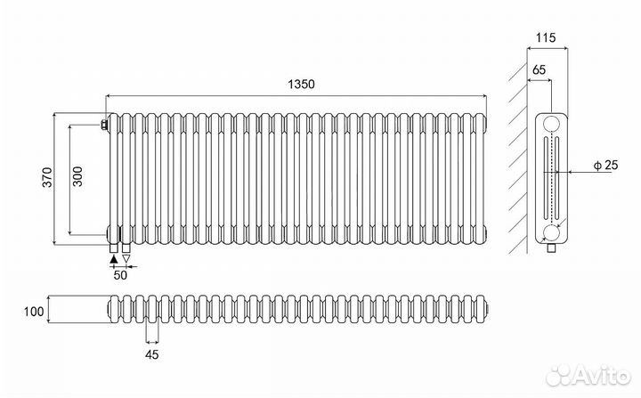 Стальной трубчатый радиатор Kohr Heim 3037/30 секций H01 с нижним подключением