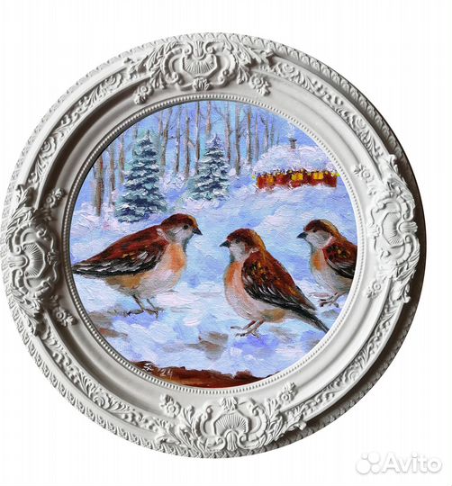 Воробушки Картина маслом в гипсовой раме. Птицы