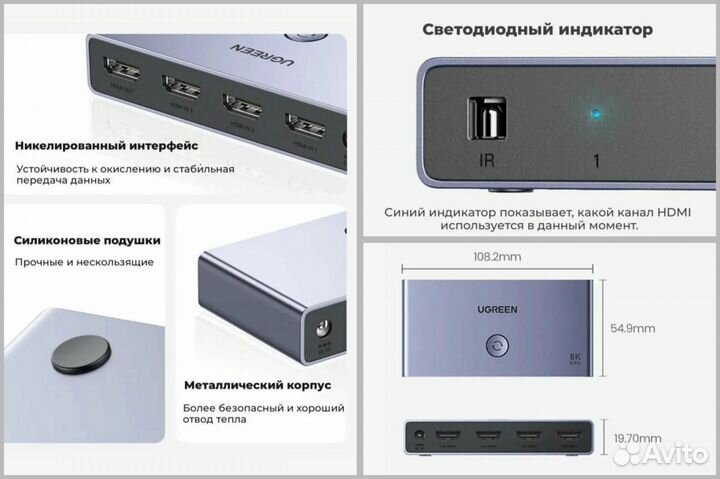 Разветвитель Ugreen 8K hdmi 2.1 switcher (новый)