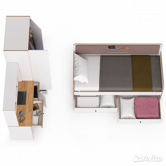 Вуди мебель в детскую с кроватью с ящиками № 38, цвет белый премиум/дуб крафт золотой/саванна латте