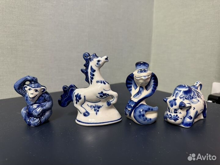 Гжель статуэтки СССР петух дракон долматин конь