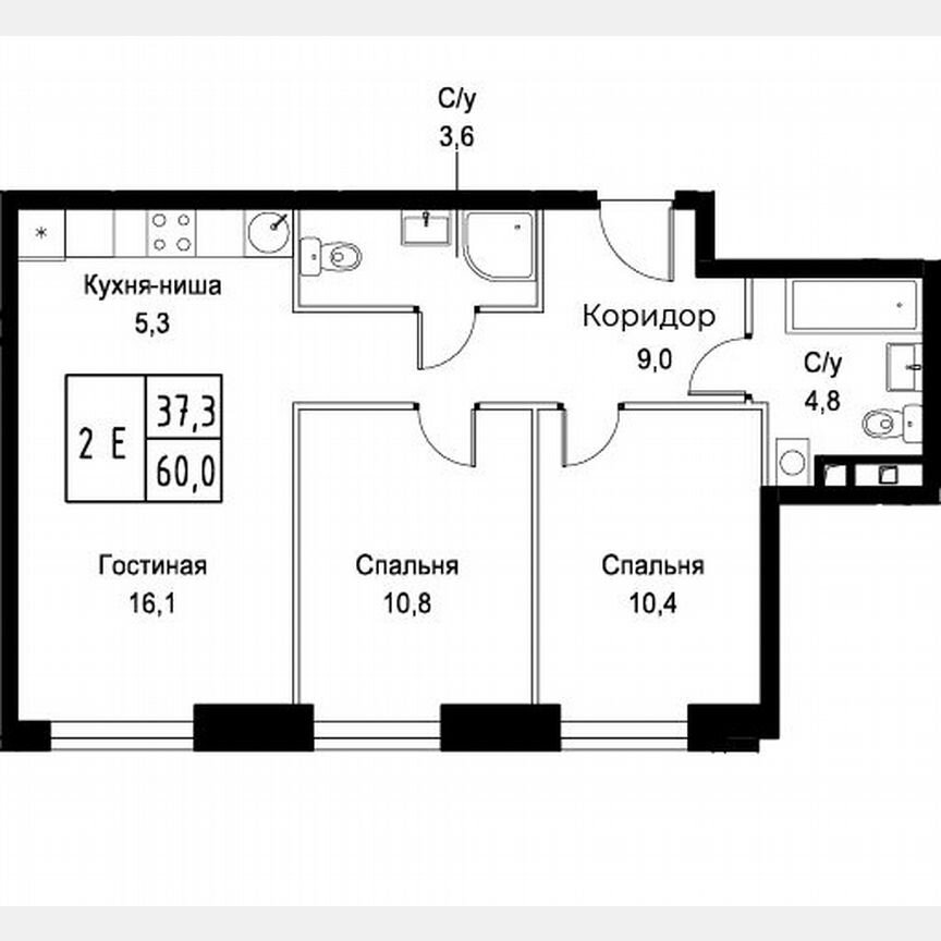 2-к. апартаменты, 60 м², 4/30 эт.