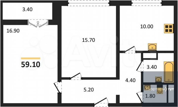 2-к. квартира, 59,1 м², 4/15 эт.
