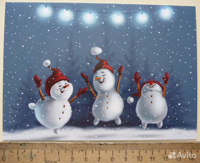 Открытка Веселые снеговики. Художник Юлия Брыкова