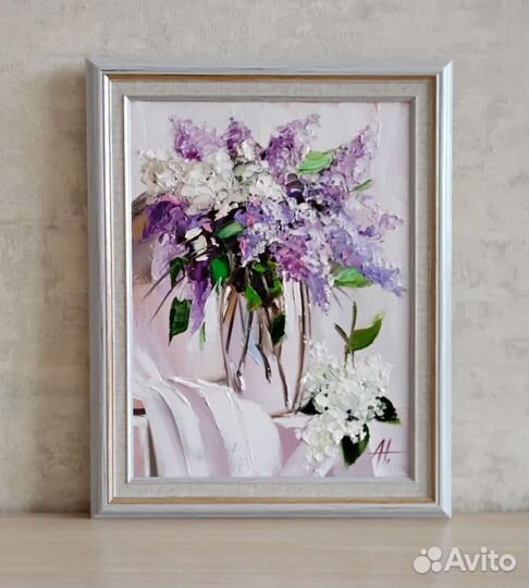 Картина холст 38*48 масло сирень букет в вазе