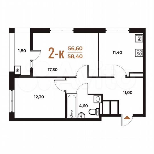 2-к. квартира, 58,4 м², 6/8 эт.