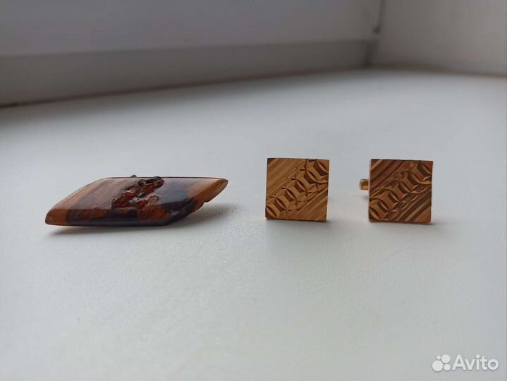 Винтажные запонки и брошь с янтарём