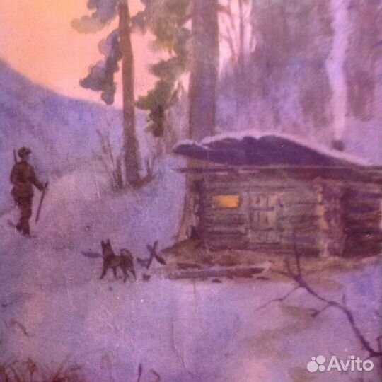 Старинная картина акварель. «Охотничья заимка»