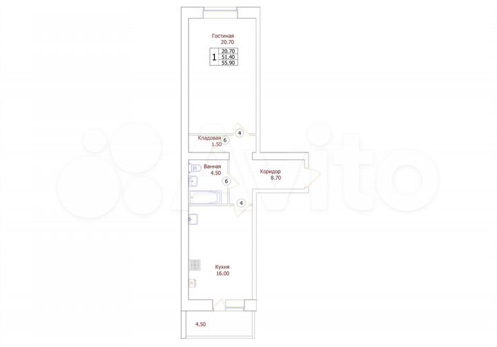 1-к. квартира, 55,9 м², 6/7 эт.