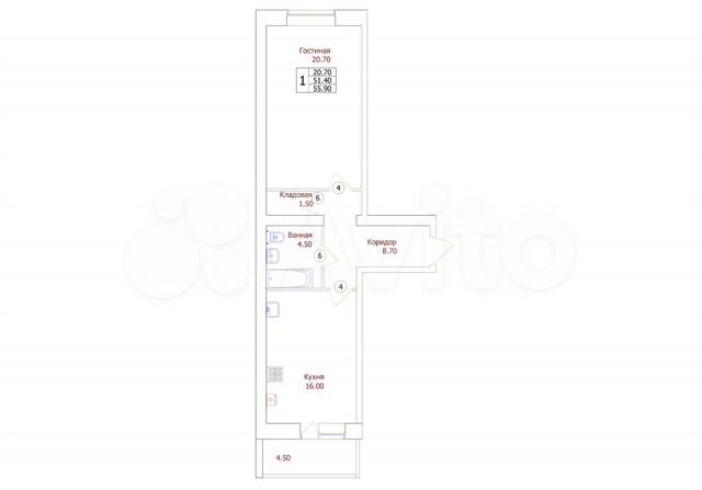 1-к. квартира, 55,9 м², 6/7 эт.