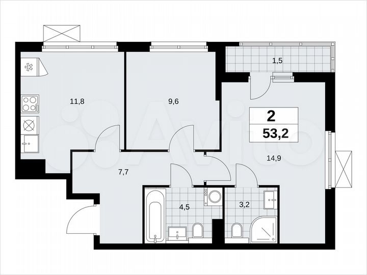 2-к. квартира, 53,2 м², 9/19 эт.