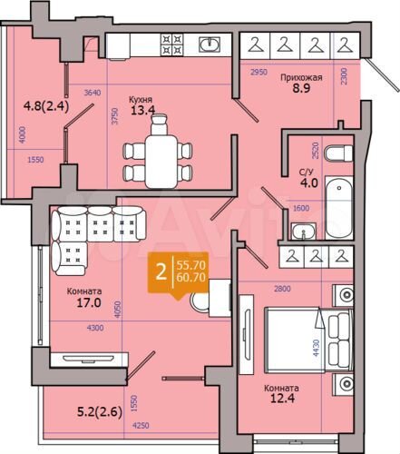 2-к. квартира, 60,7 м², 16/18 эт.