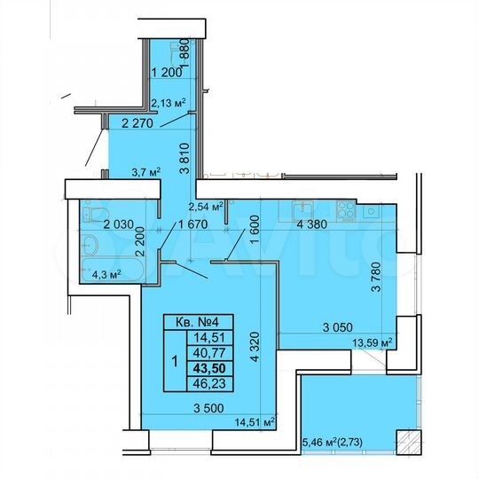 1-к. квартира, 43,5 м², 1/9 эт.