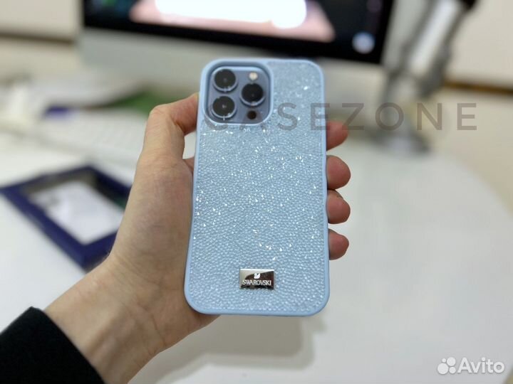 Голубой чехол swarovski iPhone 13 pro