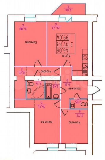 3-к. квартира, 97,1 м², 7/9 эт.