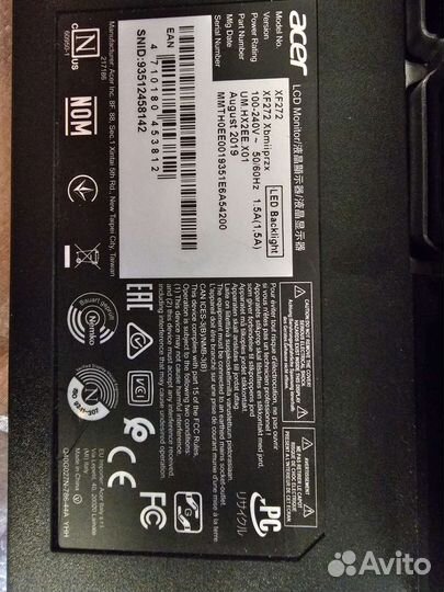 Монитор acer xf272 xbmiiprzx