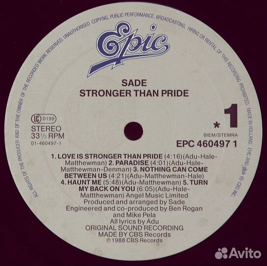 Sade,Stronger Then Pride, 1988 винил Holland