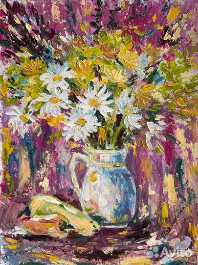 Картина маслом полевые цветы букет ромашки в вазе