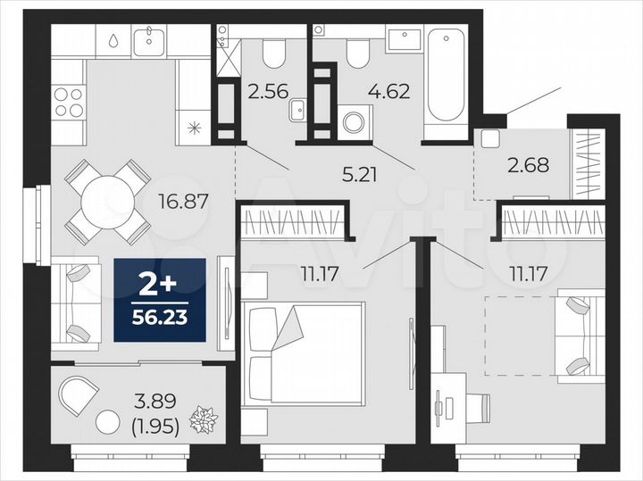 2-к. квартира, 56,2 м², 4/22 эт.