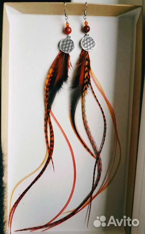 Серьги с перьями гризли ручная работа