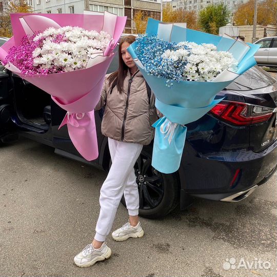 Букет-гигант из кустовых хризантем и гипсофилы