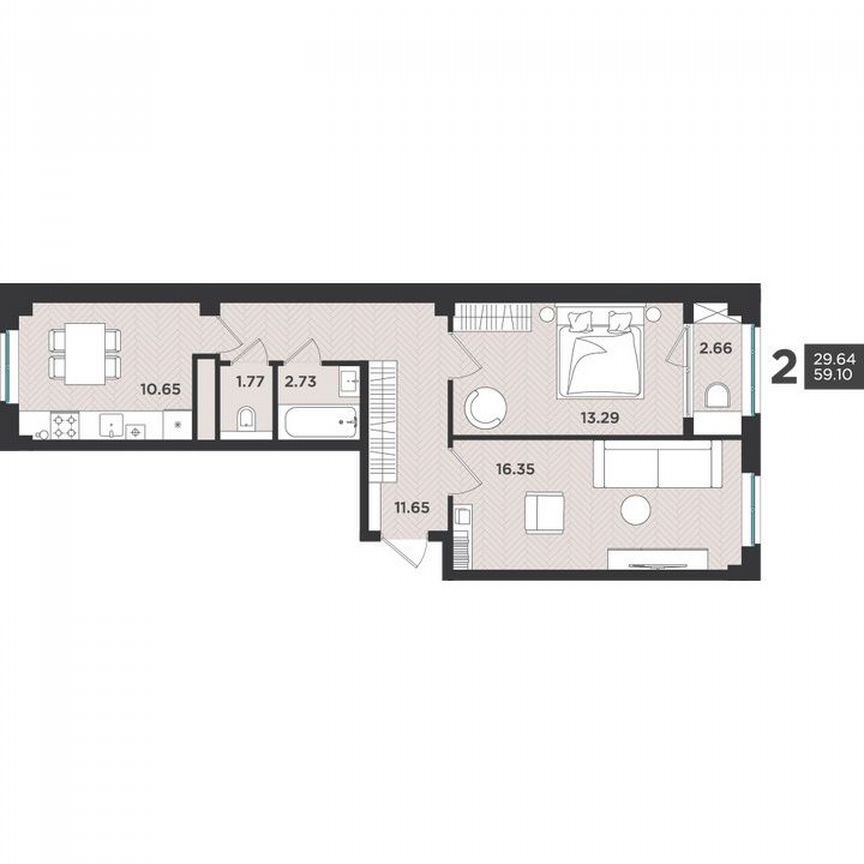 2-к. квартира, 59,1 м², 2/4 эт.