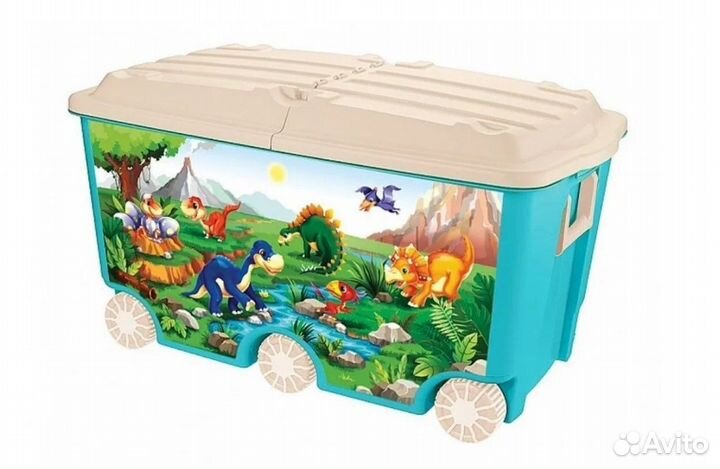 Ящик для игрушек на колесах с декором 66,5л голуб