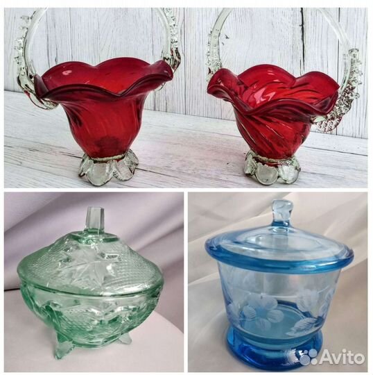 Конфетница. Сахарница. Цветное стекло СССР. Винтаж