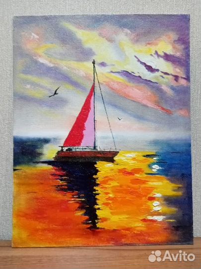Картина маслом.Парусник