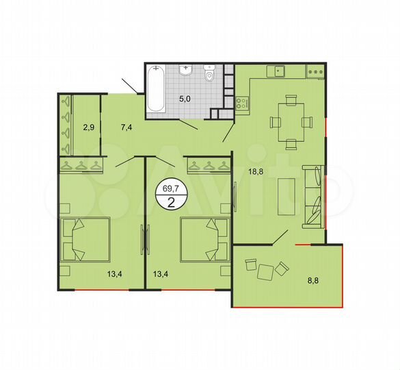 2-к. квартира, 69,7 м², 16/19 эт.