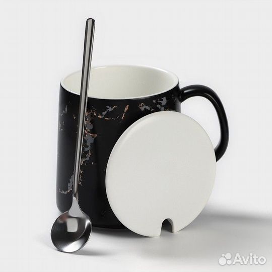 2 шт. Кружка керамическая с ложкой 'Чёрный мрамор'