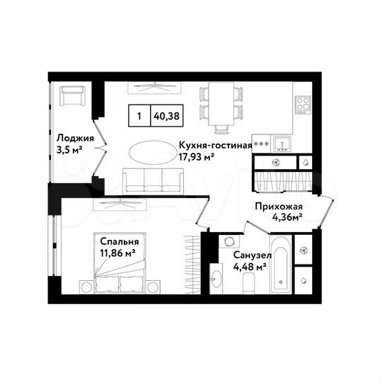 1-к. квартира, 40,4 м², 6/25 эт.