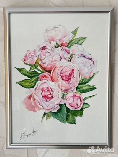 Картина Пионы 40х30, рама. бумага, акварель