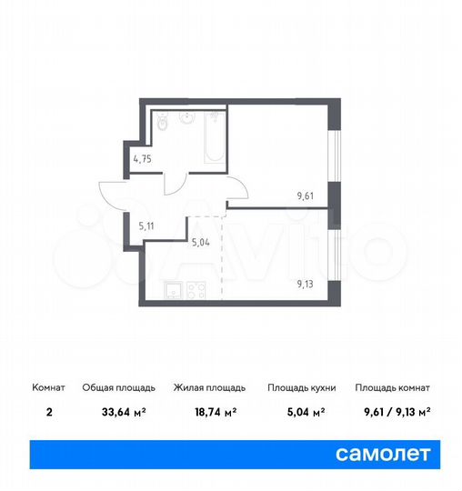 2-к. квартира, 33,6 м², 2/9 эт.