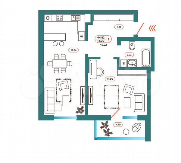 1-к. квартира, 49,2 м², 1/9 эт.
