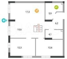3-к. квартира, 74 м², 2/15 эт.