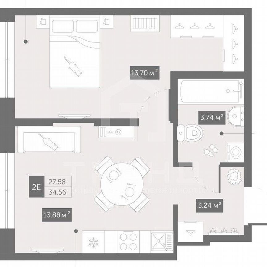 1-к. апартаменты, 34,6 м², 13/13 эт.