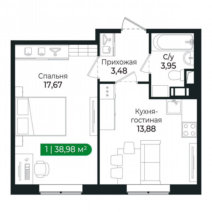 1-к. квартира, 39 м², 1/8 эт.