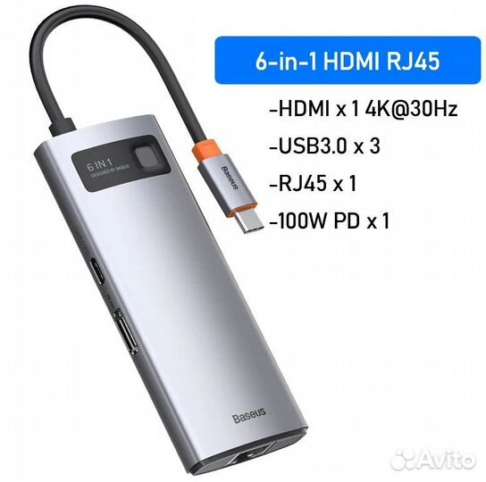 Хаб Baseus Metal Gleam Series 6-in-1 Multifunction