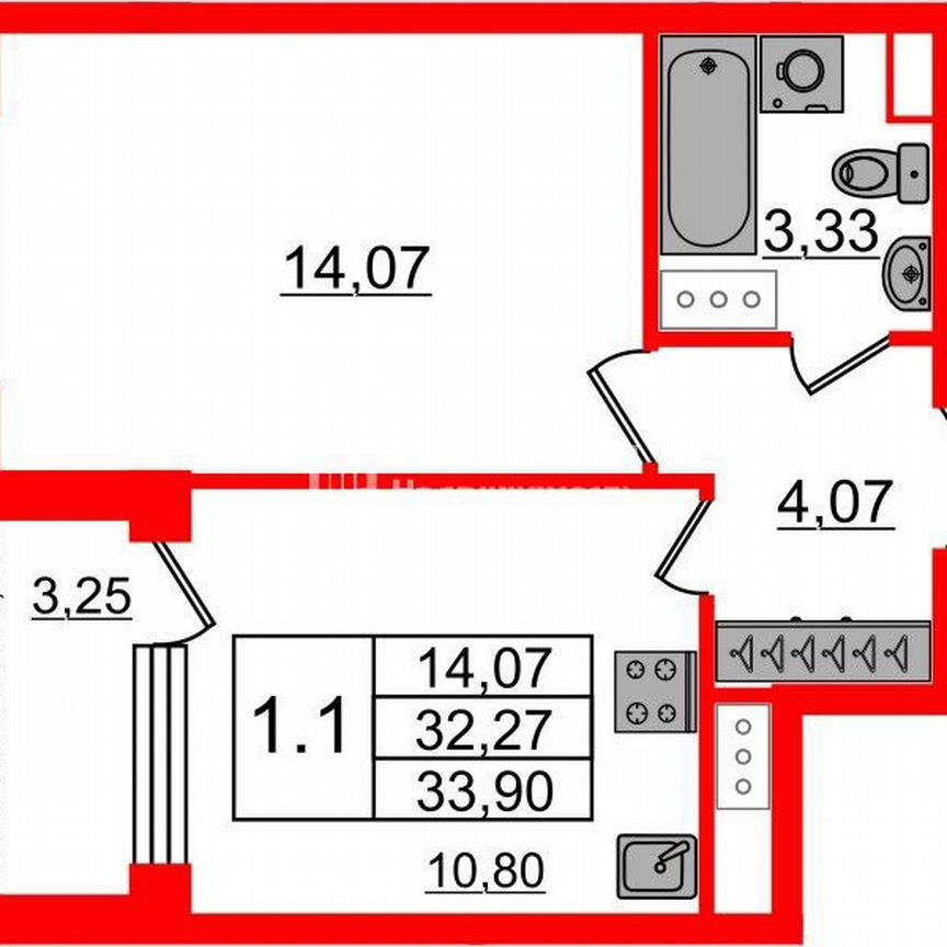 1-к. квартира, 32,3 м², 4/9 эт.