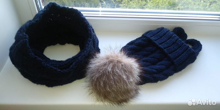 Вязаная шапка с помпоном, снуд, шарф. Меринос