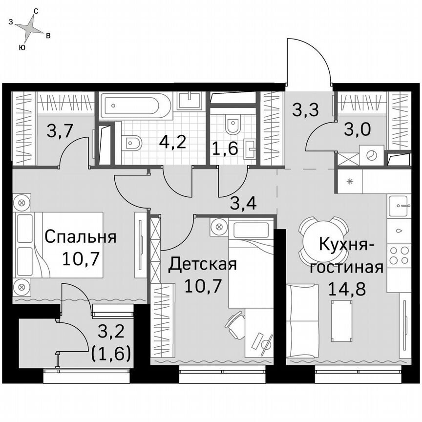 2-к. квартира, 57,3 м², 10/10 эт.