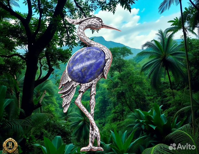 Брошь с лазуритом натуральным Журавль Премиум клас