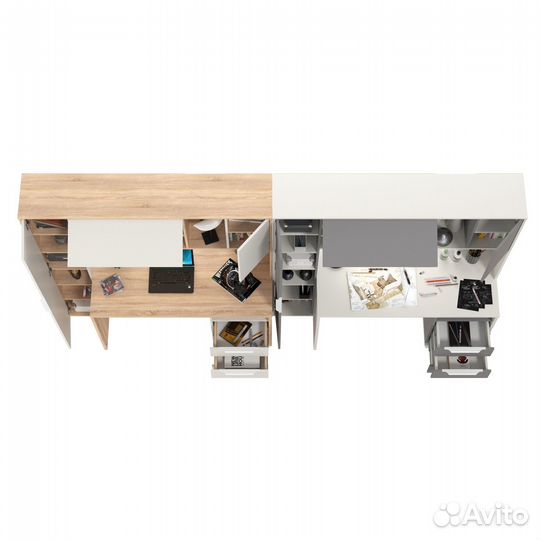 Два стола компьютерных с тумбой три ящика Mobi Комфорт 12.95N сонома/белый/серый шифер