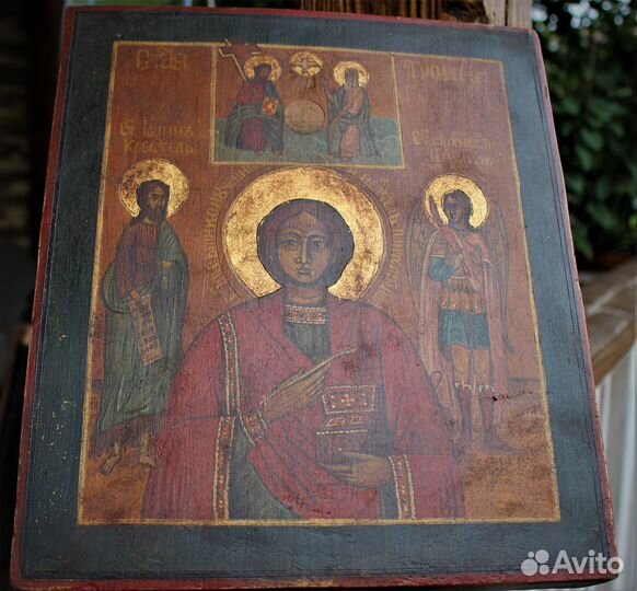 Старинная икона Пантелеймон с предстоящими 29*26