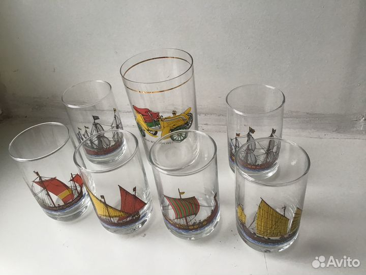 Стаканы с рисунками.Графин.Кувшин.Рог. СССР