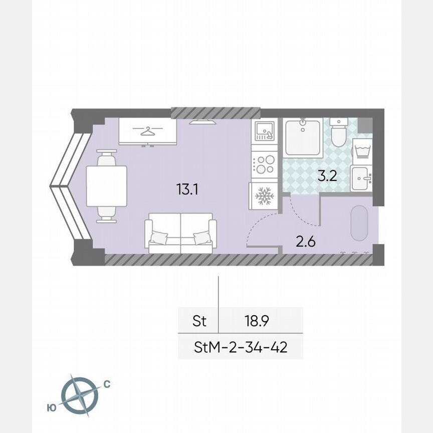 Квартира-студия, 18,9 м², 42/43 эт.