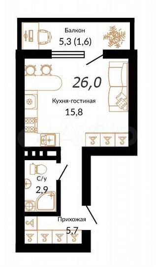 Квартира-студия, 26,3 м², 5/15 эт.