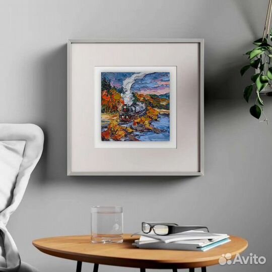 Картина маслом ретропоезд Карелия осенний пейзаж