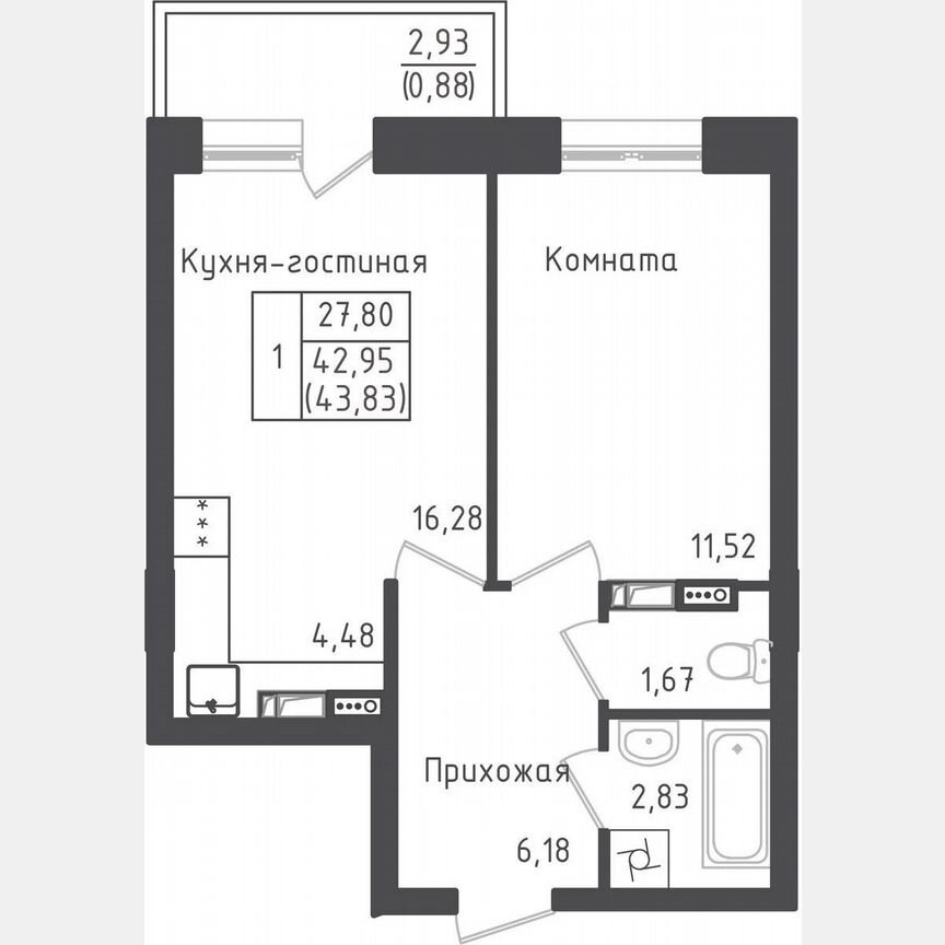 1-к. квартира, 43,8 м², 2/5 эт.